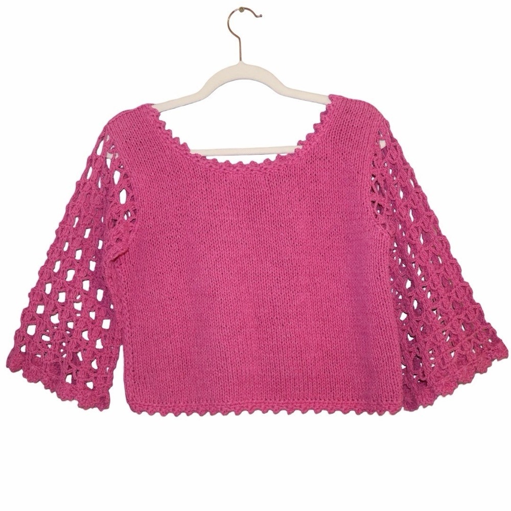 Vintage Fushia Pink Cable Knit Crochet Cropped Sweater M 90s